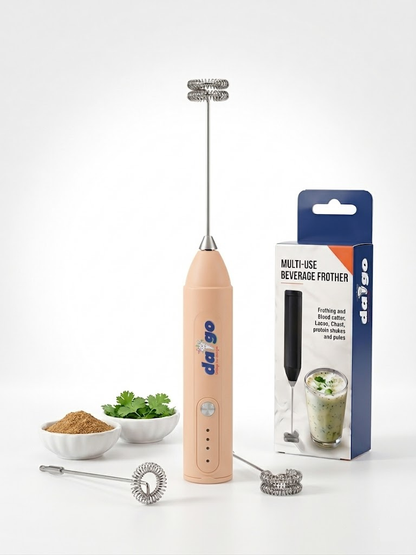 Daigo milk frother with packaging and ingredients on a white background